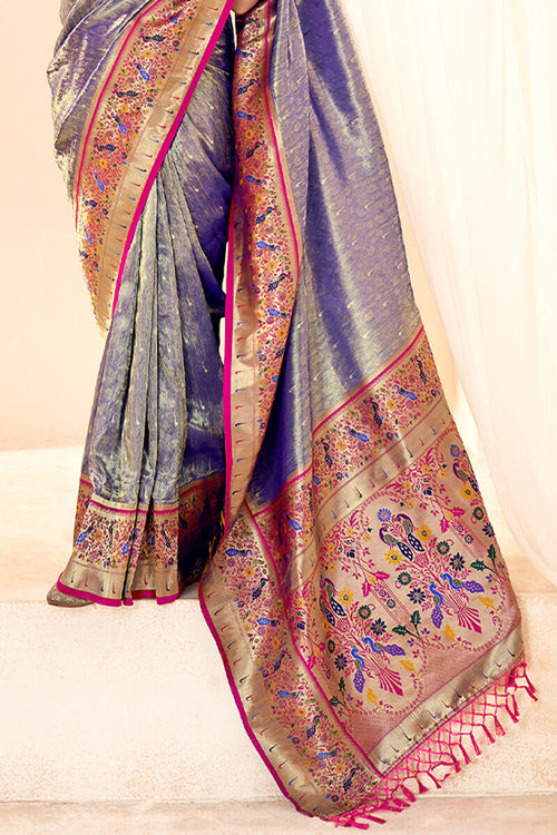 Load image into Gallery viewer, Woebegone Blue Paithani Silk Saree With Fantabulous Blouse Piece
