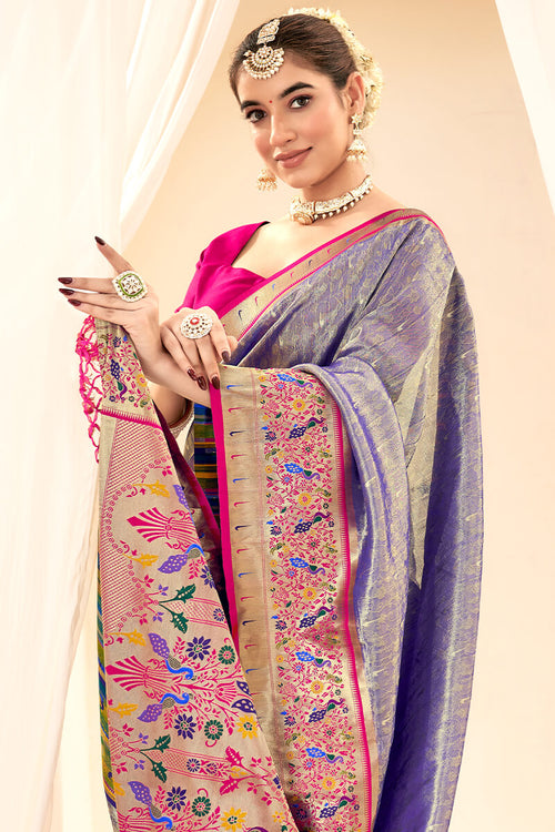 Load image into Gallery viewer, Woebegone Blue Paithani Silk Saree With Fantabulous Blouse Piece
