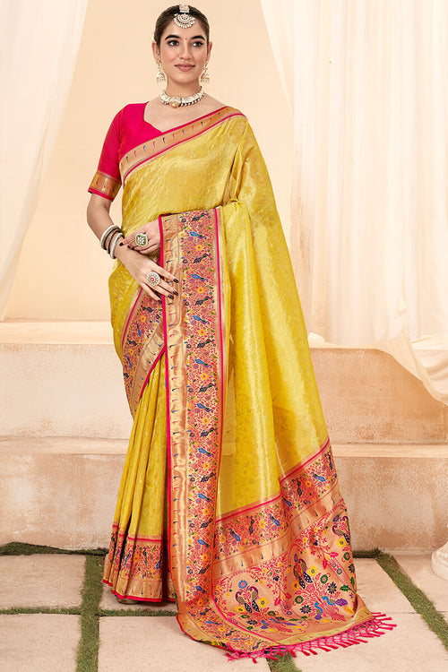 Load image into Gallery viewer, Vibrant Yellow Paithani Silk Saree With Luminous Blouse Piece
