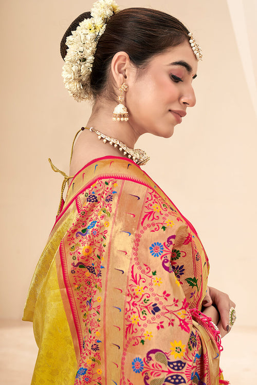 Load image into Gallery viewer, Vibrant Yellow Paithani Silk Saree With Luminous Blouse Piece
