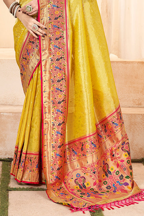 Load image into Gallery viewer, Vibrant Yellow Paithani Silk Saree With Luminous Blouse Piece
