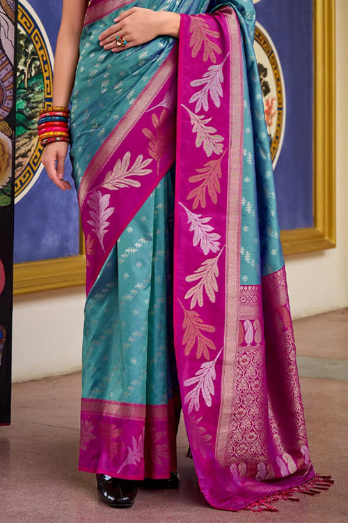 Load image into Gallery viewer, Pretty Firozi Soft Banarasi Silk Saree With Skinny Blouse Piece
