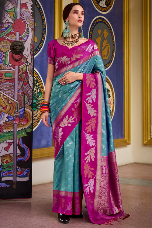 Load image into Gallery viewer, Pretty Firozi Soft Banarasi Silk Saree With Skinny Blouse Piece
