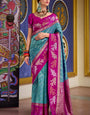 Pretty Firozi Soft Banarasi Silk Saree With Skinny Blouse Piece