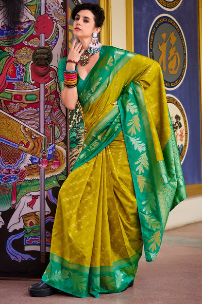 Impressive Mehndi Soft Banarasi Silk Saree With Arresting Blouse Piece