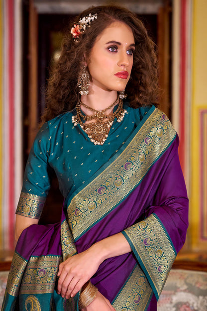 Propinquity Purple Soft Banarasi Silk Saree With Glamorous Blouse Piece