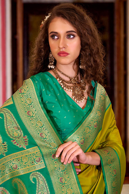 Quintessential Mustard Soft Banarasi Silk Saree With Lagniappe Blouse Piece