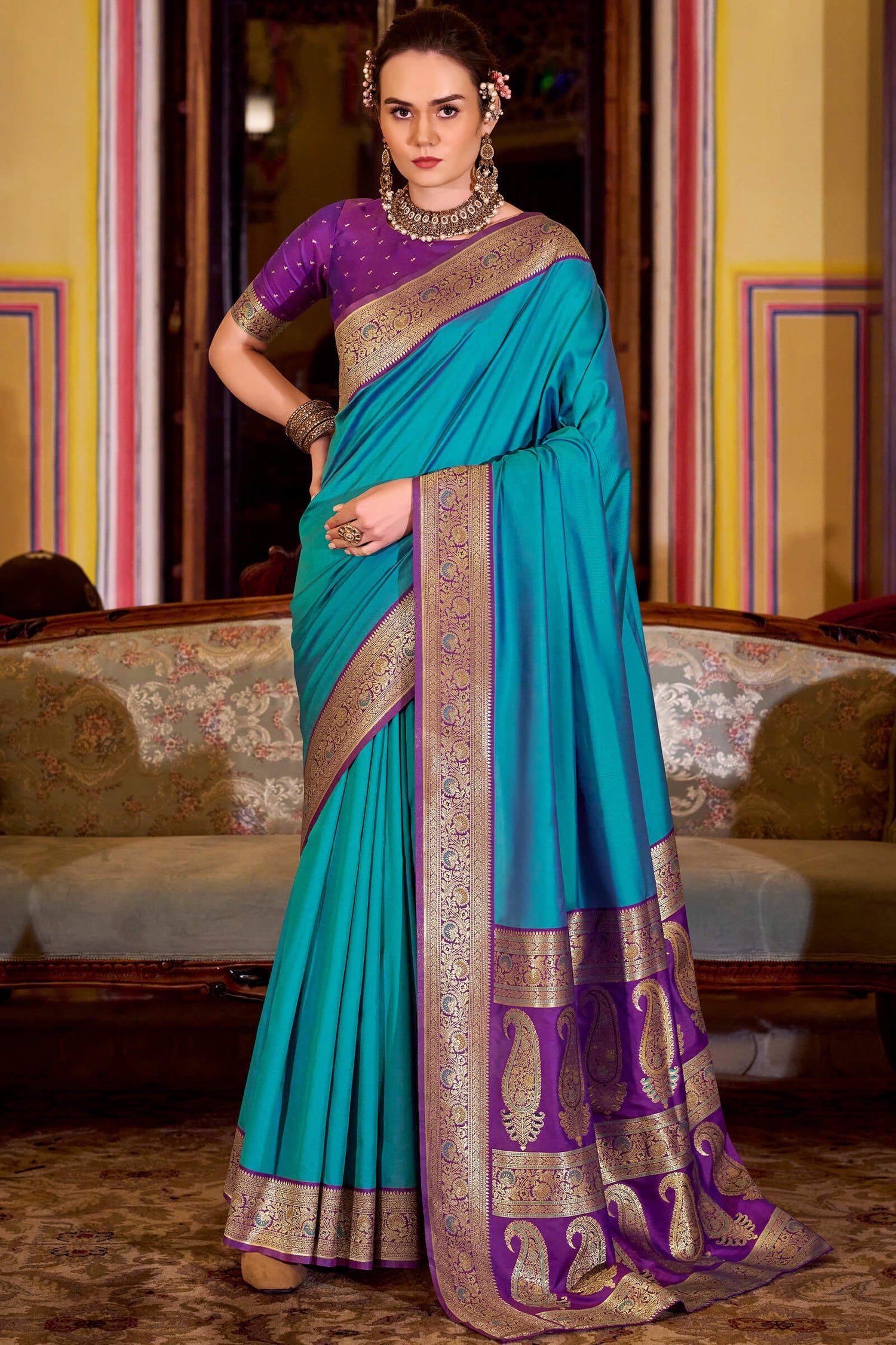 Intricate Firozi Soft Banarasi Silk Saree With Fairytale Blouse Piece