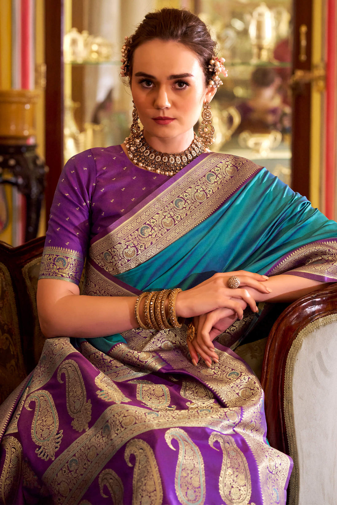 Intricate Firozi Soft Banarasi Silk Saree With Fairytale Blouse Piece