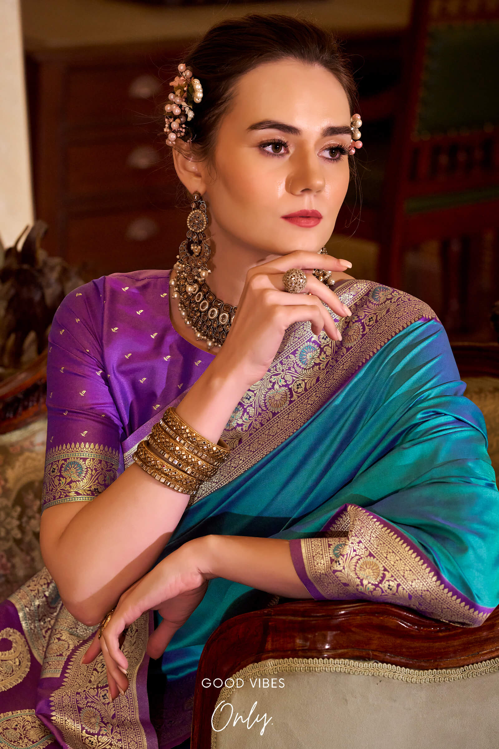 Intricate Firozi Soft Banarasi Silk Saree With Fairytale Blouse Piece