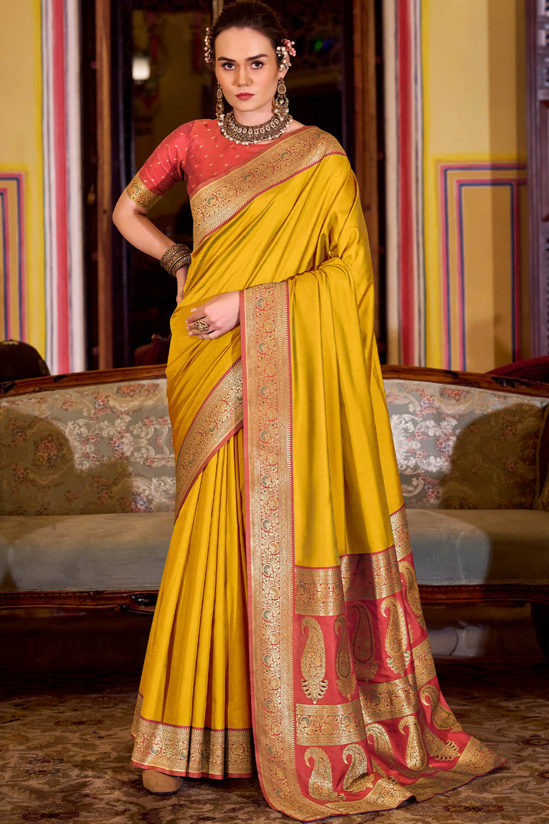 Phenomenal Yellow Soft Banarasi Silk Saree With Designer Blouse Piece