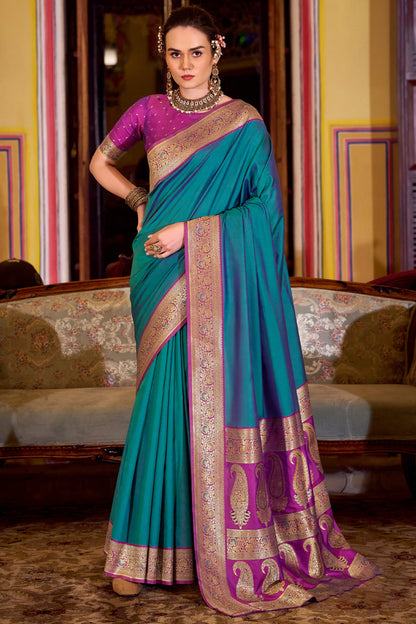 Piquant Rama Soft Banarasi Silk Saree With Verdant Blouse Piece