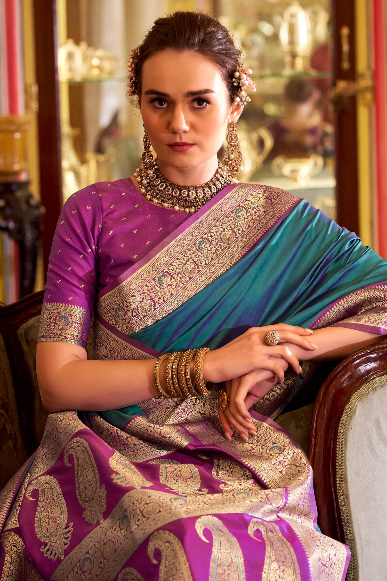 Piquant Rama Soft Banarasi Silk Saree With Verdant Blouse Piece