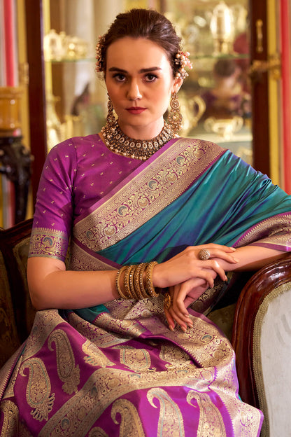 Piquant Rama Soft Banarasi Silk Saree With Verdant Blouse Piece