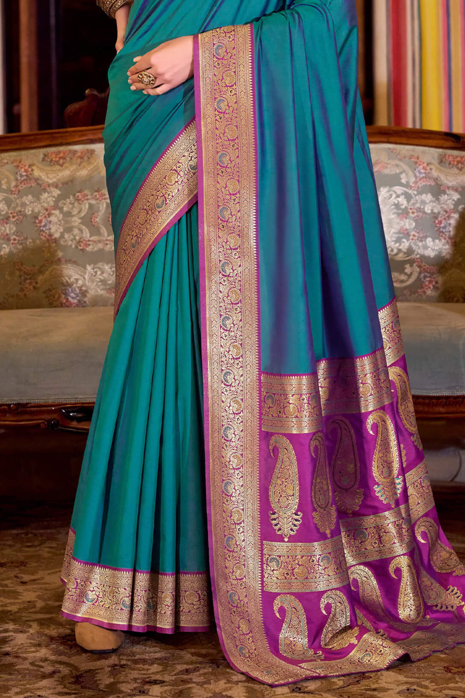 Piquant Rama Soft Banarasi Silk Saree With Verdant Blouse Piece
