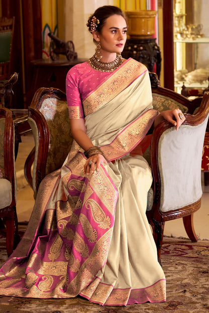 Chatoyant Beige Soft Banarasi Silk Saree With Refreshing Blouse Piece