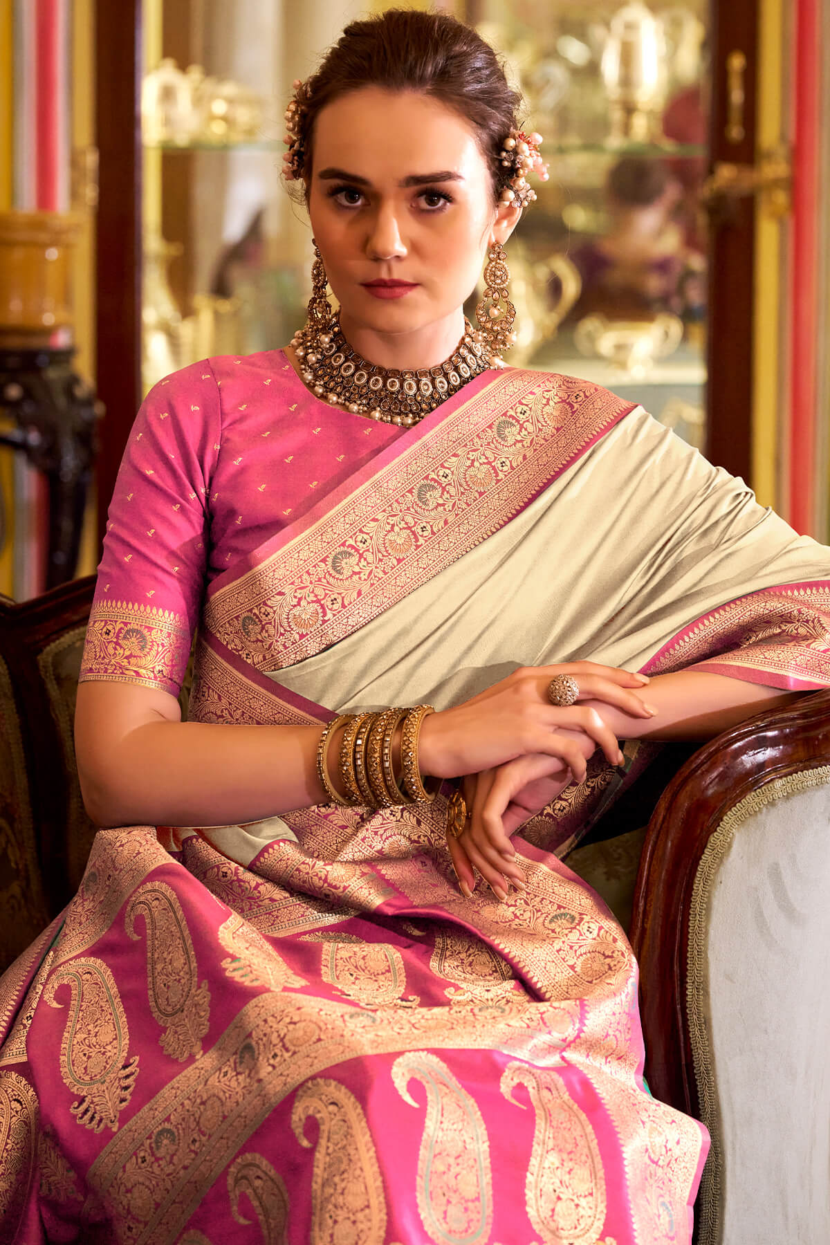 Chatoyant Beige Soft Banarasi Silk Saree With Refreshing Blouse Piece