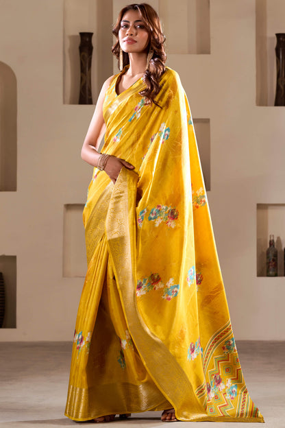Stunner Yellow Digital Printed Dola Silk Saree With Luxuriant Blouse Piece