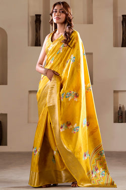 Stunner Yellow Digital Printed Dola Silk Saree With Luxuriant Blouse Piece