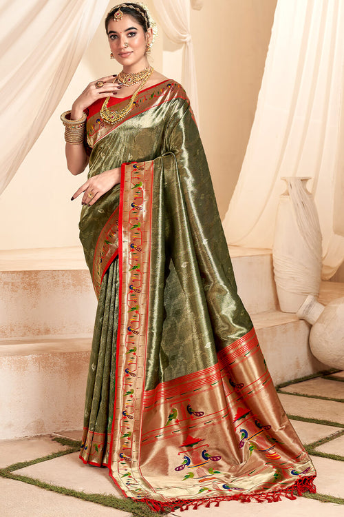 Load image into Gallery viewer, Enthralling Mehndi Paithani Silk Saree With Glittering Blouse Piece
