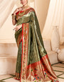 Enthralling Mehndi Paithani Silk Saree With Glittering Blouse Piece