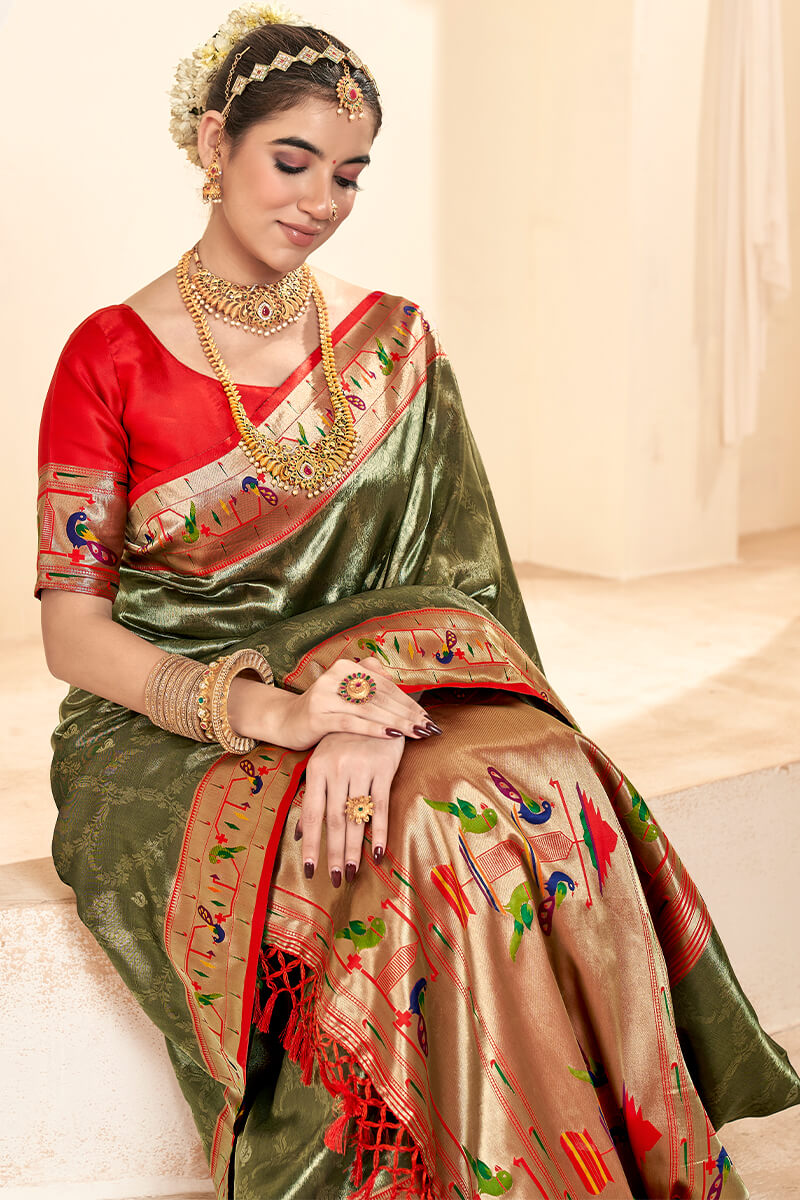 Enthralling Mehndi Paithani Silk Saree With Glittering Blouse Piece