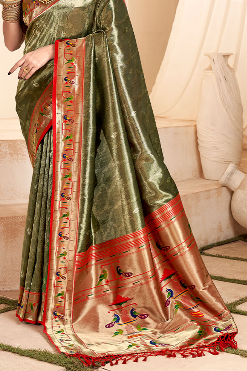 Enthralling Mehndi Paithani Silk Saree With Glittering Blouse Piece