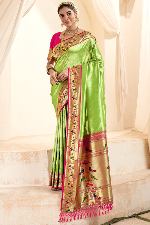 Load image into Gallery viewer, Profuse Parrot Paithani Silk Saree With Artistic Blouse Piece
