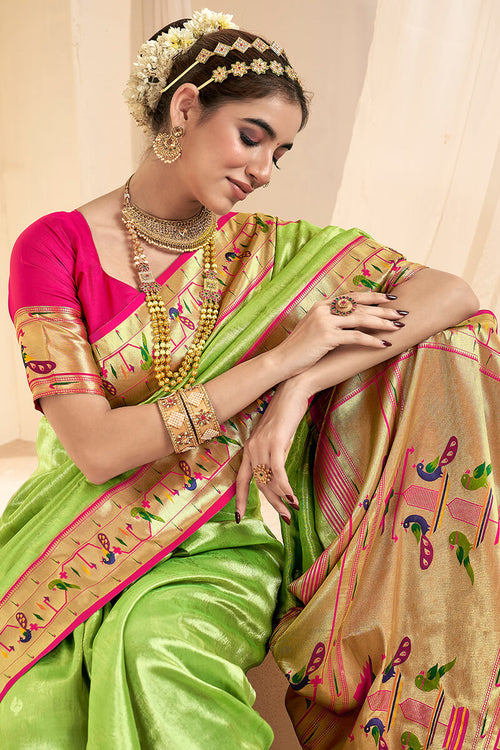 Load image into Gallery viewer, Profuse Parrot Paithani Silk Saree With Artistic Blouse Piece
