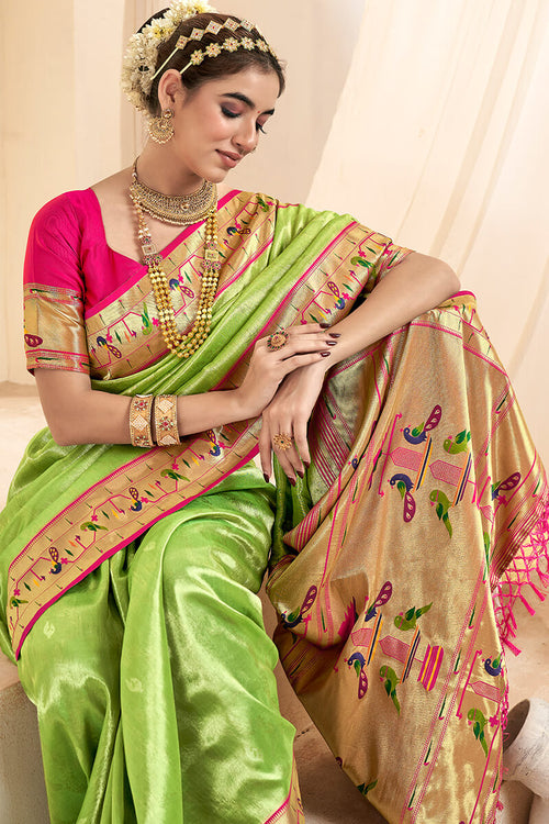 Load image into Gallery viewer, Profuse Parrot Paithani Silk Saree With Artistic Blouse Piece
