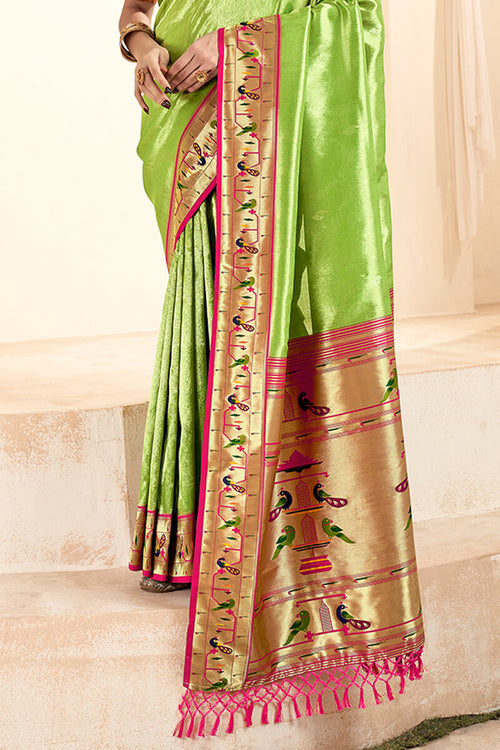 Load image into Gallery viewer, Profuse Parrot Paithani Silk Saree With Artistic Blouse Piece
