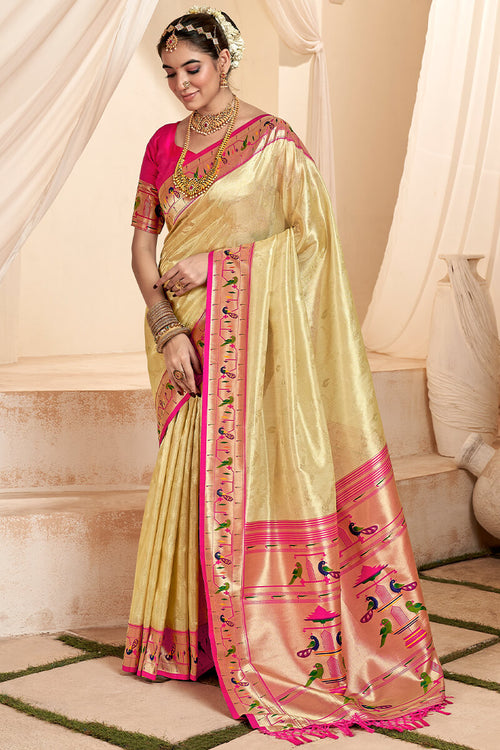 Load image into Gallery viewer, Magnetic Beige Paithani Silk Saree With Luminous Blouse Piece
