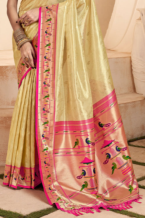 Load image into Gallery viewer, Magnetic Beige Paithani Silk Saree With Luminous Blouse Piece
