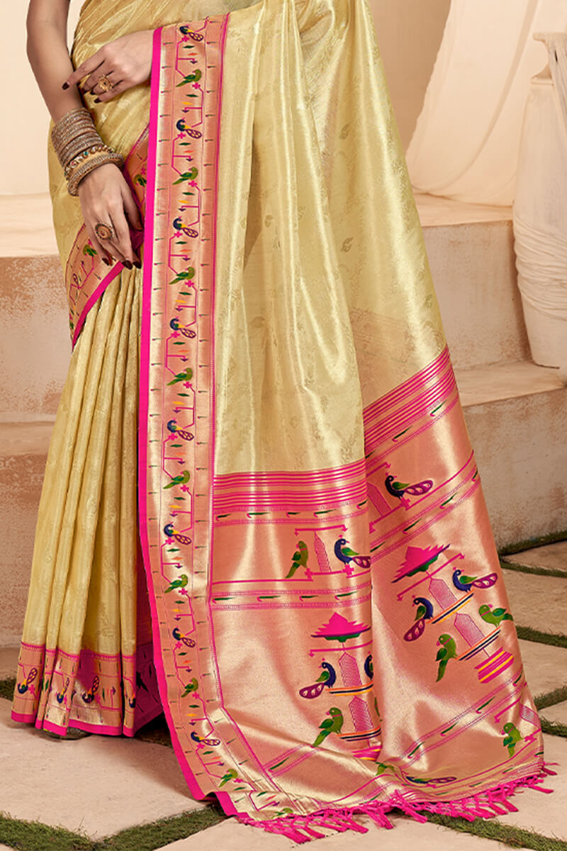 Magnetic Beige Paithani Silk Saree With Luminous Blouse Piece