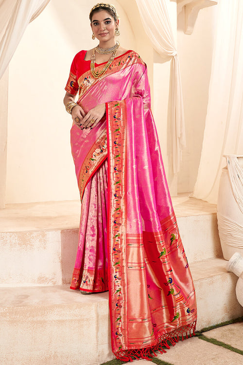 Load image into Gallery viewer, Imbrication Pink Paithani Silk Saree With Efflorescence Blouse Piece
