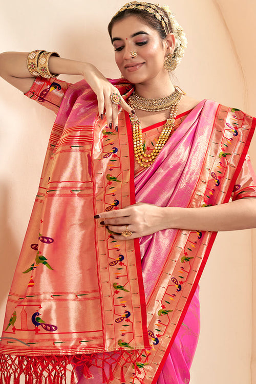 Load image into Gallery viewer, Imbrication Pink Paithani Silk Saree With Efflorescence Blouse Piece
