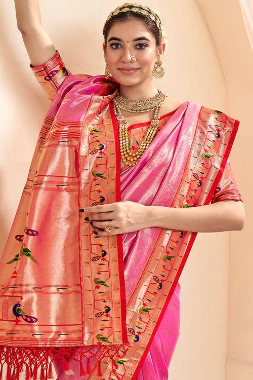 Load image into Gallery viewer, Imbrication Pink Paithani Silk Saree With Efflorescence Blouse Piece
