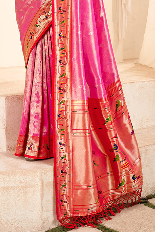 Load image into Gallery viewer, Imbrication Pink Paithani Silk Saree With Efflorescence Blouse Piece
