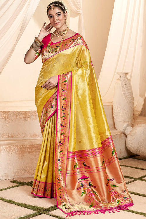 Load image into Gallery viewer, Ephemeral Yellow Paithani Silk Saree With Denouement Blouse Piece
