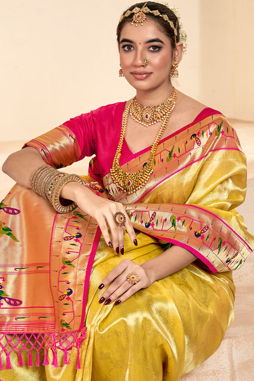 Load image into Gallery viewer, Ephemeral Yellow Paithani Silk Saree With Denouement Blouse Piece
