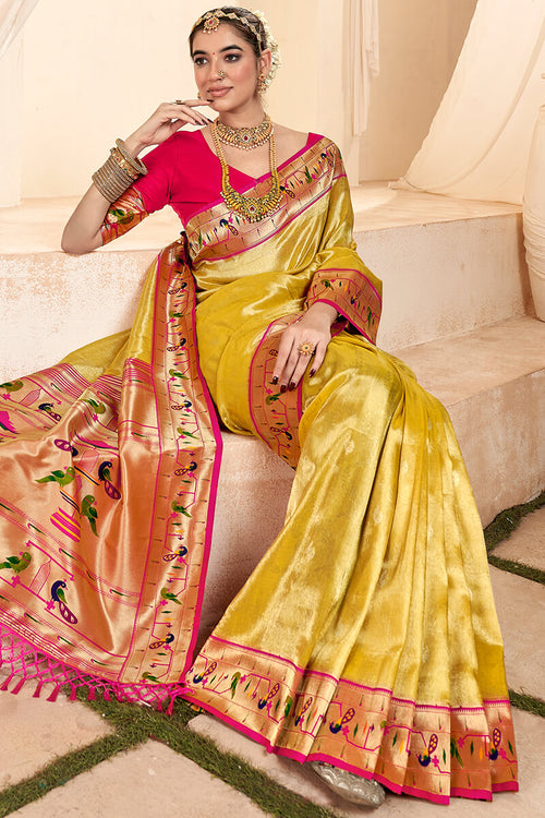 Load image into Gallery viewer, Ephemeral Yellow Paithani Silk Saree With Denouement Blouse Piece
