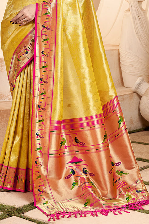 Load image into Gallery viewer, Ephemeral Yellow Paithani Silk Saree With Denouement Blouse Piece
