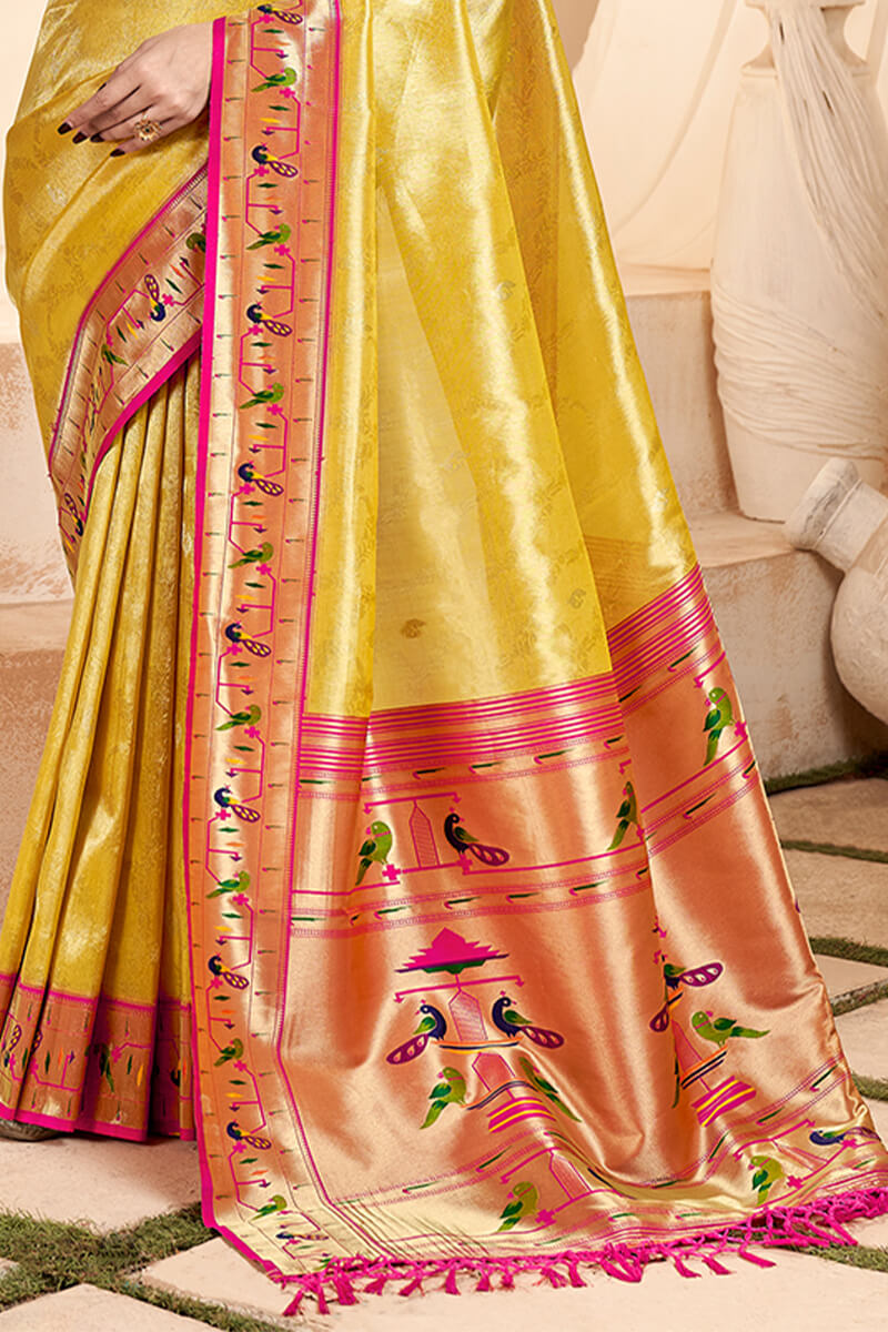 Ephemeral Yellow Paithani Silk Saree With Denouement Blouse Piece