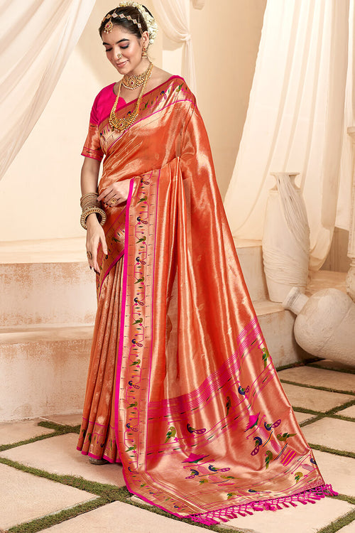 Load image into Gallery viewer, Winsome Red Paithani Silk Saree With Whimsical Blouse Piece
