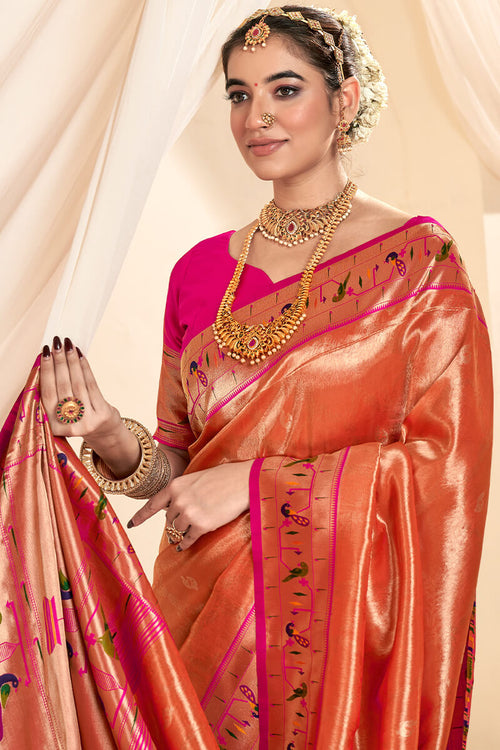 Load image into Gallery viewer, Winsome Red Paithani Silk Saree With Whimsical Blouse Piece
