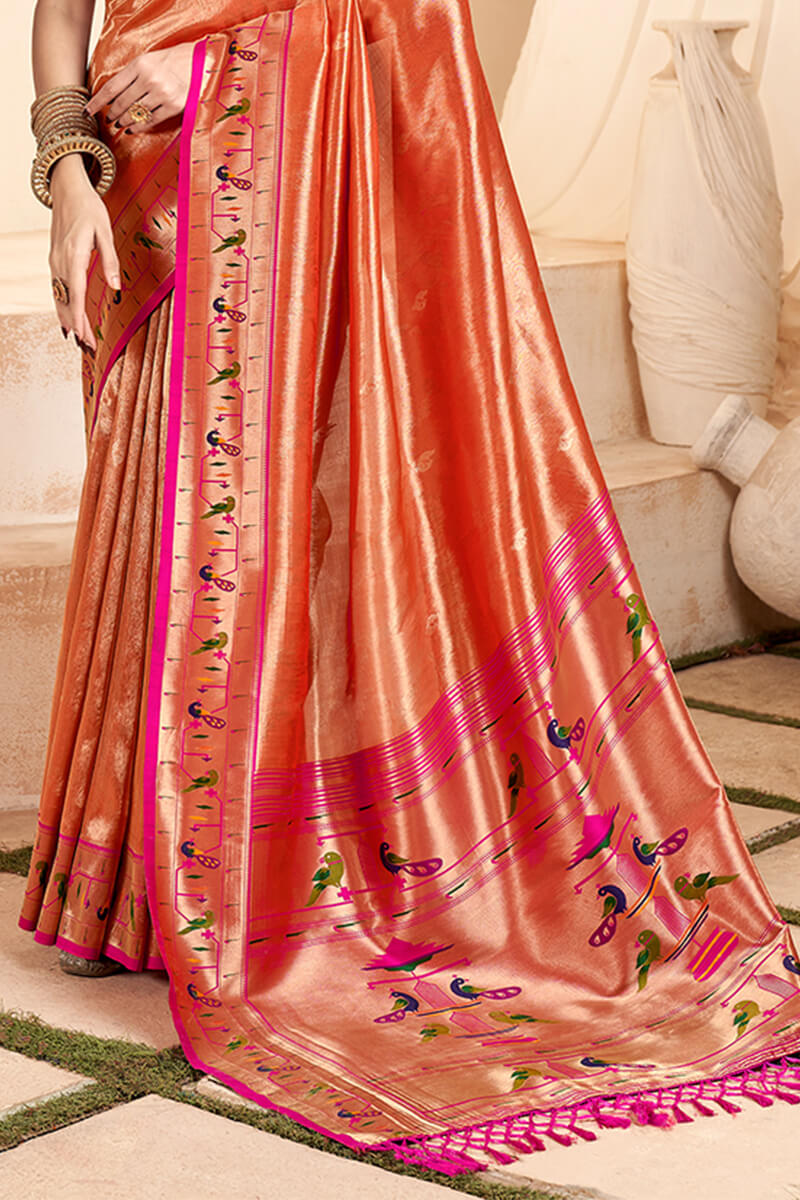 Winsome Red Paithani Silk Saree With Whimsical Blouse Piece