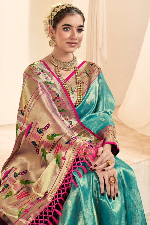 Load image into Gallery viewer, Exemplary Sea Green Paithani Silk Saree With Rhapsody Blouse Piece
