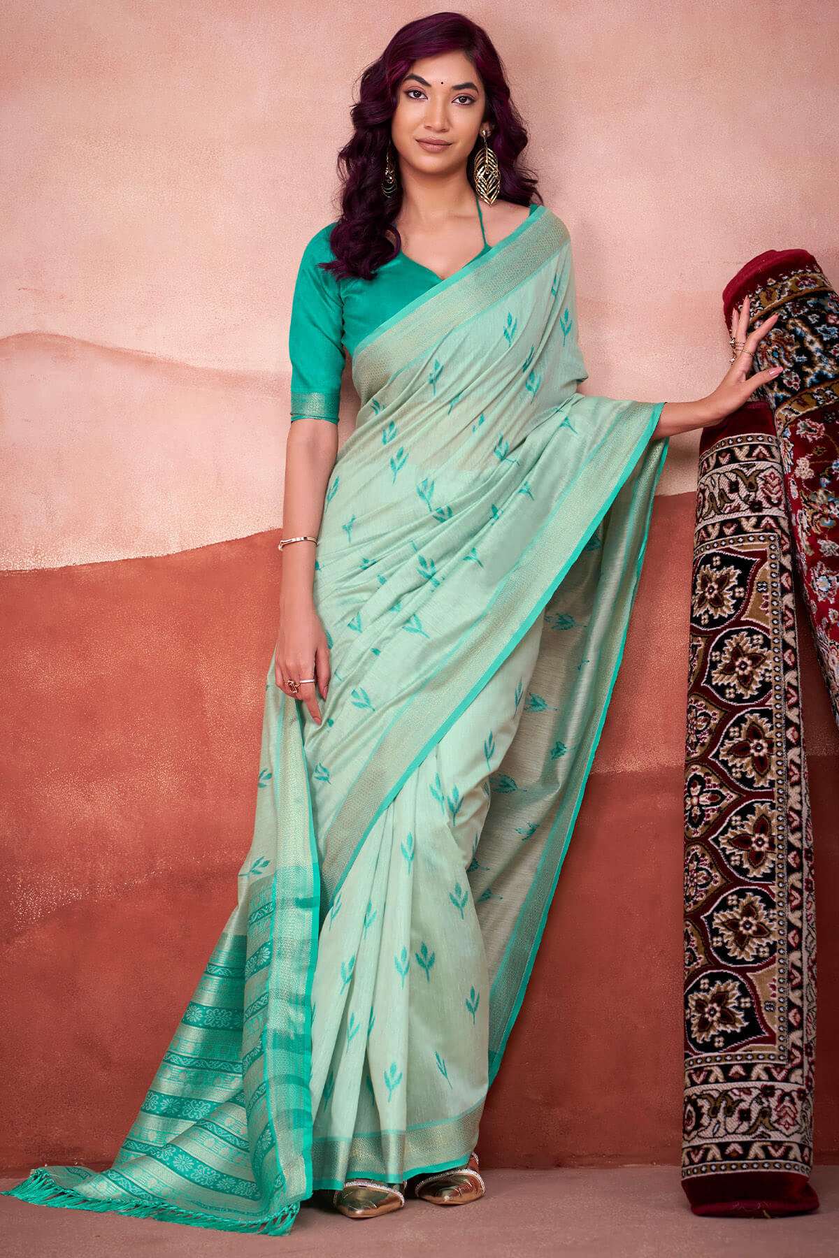 Nebula Sea Green Cotton Silk Saree With Panoply Blouse Piece