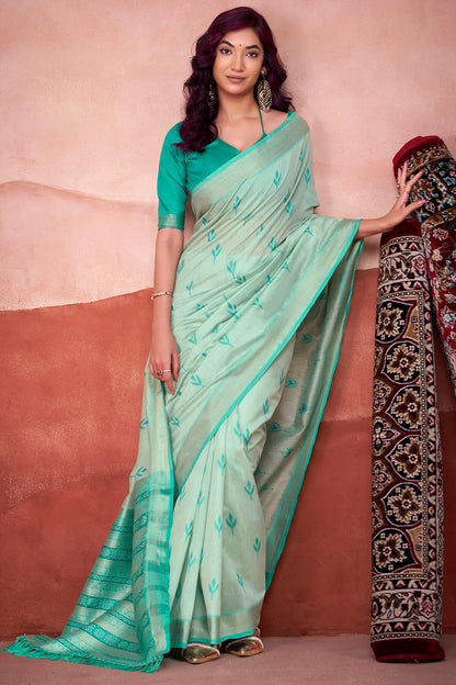Nebula Sea Green Cotton Silk Saree With Panoply Blouse Piece