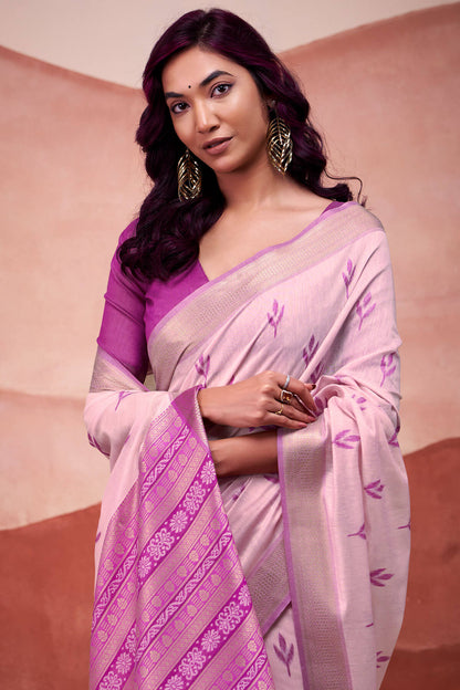 Scintillating Lavender Cotton Silk Saree With Precious Blouse Piece